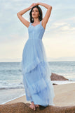 Grey Blue Corset Tiered Tulle A-Line Bridesmaid Dress