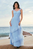 Grey Blue Corset Tiered Tulle A-Line Bridesmaid Dress