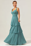 Eucalyptus Ruched A-Line Tiered Chiffon Bridesmaid Dress