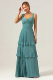 Eucalyptus Ruched A-Line Tiered Chiffon Bridesmaid Dress