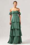 Eucalyptus Off the Shoulder Tiered Chiffon Bridesmaid Dress