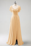 Elegant Champagne A Line Chiffon Bridesmaid Dress with Slit