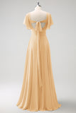 Elegant Champagne A Line Chiffon Bridesmaid Dress with Slit