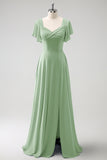 Eucalyptus A Line Lace-Up Back Chiffon Bridesmaid Dress with Slit