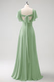 Eucalyptus A Line Lace-Up Back Chiffon Bridesmaid Dress with Slit