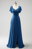 Eucalyptus A Line Lace-Up Back Chiffon Bridesmaid Dress with Slit