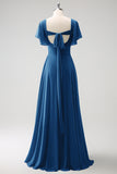 Eucalyptus A Line Lace-Up Back Chiffon Bridesmaid Dress with Slit