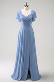 Grey Blue A Line Ruffle Sleeves Chiffon Bridesmaid Dress with Slit