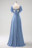 Grey Blue A Line Ruffle Sleeves Chiffon Bridesmaid Dress with Slit