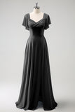 Grey Blue A Line Chiffon Long Bridesmaid Dress with Slit