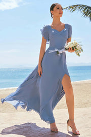 Grey Blue A Line Ruffle Sleeves Chiffon Bridesmaid Dress with Slit