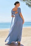 Grey Blue A Line Ruffle Sleeves Chiffon Bridesmaid Dress with Slit