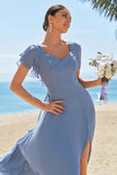 Grey Blue A Line Ruffle Sleeves Chiffon Bridesmaid Dress with Slit