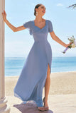 Grey Blue A Line Ruffle Sleeves Chiffon Bridesmaid Dress with Slit