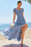 Grey Blue A Line Ruffle Sleeves Chiffon Bridesmaid Dress with Slit