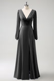 Dark Green A Line V Neck Chiffon Bridesmaid Dress with Long Sleeves