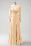 Dark Green A Line V Neck Chiffon Bridesmaid Dress with Long Sleeves