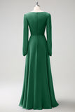 Dark Green A Line V Neck Chiffon Bridesmaid Dress with Long Sleeves