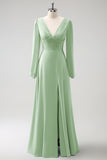 Dusty Sage A Line Long Sleeves Chiffon Bridesmaid Dress with Slit