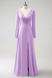 Dusty Sage A Line Long Sleeves Chiffon Bridesmaid Dress with Slit