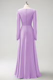 Dusty Sage A Line Long Sleeves Chiffon Bridesmaid Dress with Slit