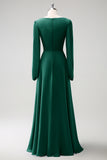 Dark Green A Line V Neck Chiffon Bridesmaid Dress with Long Sleeves