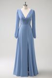 A Line Grey Blue V-Neck Chiffon Bridesmaid Dress with Long Sleeves