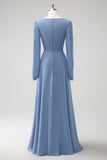 A Line Grey Blue V-Neck Chiffon Bridesmaid Dress with Long Sleeves