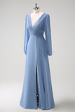 A Line Grey Blue V-Neck Chiffon Bridesmaid Dress with Long Sleeves