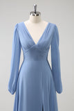 A Line Grey Blue V-Neck Chiffon Bridesmaid Dress with Long Sleeves