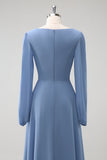 A Line Grey Blue V-Neck Chiffon Bridesmaid Dress with Long Sleeves