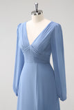 A Line Grey Blue V-Neck Chiffon Bridesmaid Dress with Long Sleeves