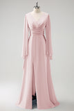 Blush Pink Long Sleeves A Line Chiffon Bridesmaid Dress with Slit