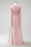 Blush Pink Long Sleeves A Line Chiffon Bridesmaid Dress with Slit