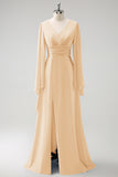 Blush Pink Long Sleeves A Line Chiffon Bridesmaid Dress with Slit