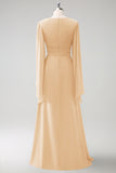 Blush Pink Long Sleeves A Line Chiffon Bridesmaid Dress with Slit