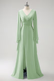 Eucalyptus A Line V Neck Long Chiffon Bridesmaid Dress with Slit