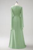 Eucalyptus A Line V Neck Long Chiffon Bridesmaid Dress with Slit