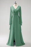 Eucalyptus A Line V Neck Long Chiffon Bridesmaid Dress with Slit