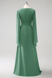 Eucalyptus A Line V Neck Long Chiffon Bridesmaid Dress with Slit