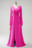 Eucalyptus A Line V Neck Long Chiffon Bridesmaid Dress with Slit