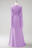 Eucalyptus A Line V Neck Long Chiffon Bridesmaid Dress with Slit