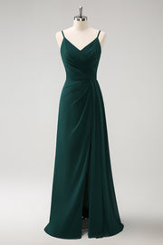 Dark Green Spaghetti Straps Ruched Long Bridesmaid Dress with Slit