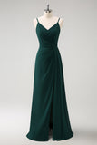 Dark Green Spaghetti Straps Chiffon A-Line Bridesmaid Dress with Slit