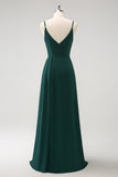 Dark Green Spaghetti Straps Ruched Long Bridesmaid Dress with Slit