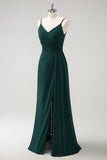 Dark Green Spaghetti Straps Ruched Long Bridesmaid Dress with Slit