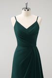 Dark Green Spaghetti Straps Ruched Long Bridesmaid Dress with Slit