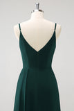 Dark Green Spaghetti Straps Ruched Long Bridesmaid Dress with Slit