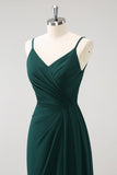 Dark Green Spaghetti Straps Ruched Long Bridesmaid Dress with Slit