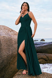 Dark Green Spaghetti Straps Ruched Long Bridesmaid Dress with Slit